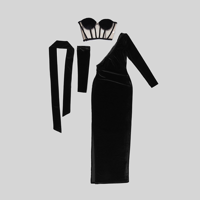 Kimshein LS2217 Women's Full Sleeve One-Shoulder Evening Dress Elegant Black Party Dress with Side Slit and Kimshein