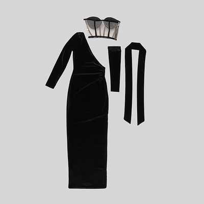 Kimshein LS2217 Women's Full Sleeve One-Shoulder Evening Dress Elegant Black Party Dress with Side Slit and Kimshein