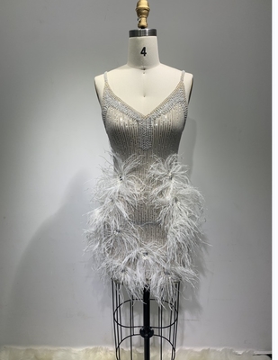 ED2245 Women's Summer Sexy Dress with Handmade Crystal Feather Low Cut Night Dress Woven by Shuttle Loom Other Length Skirt