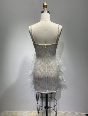 ED2245 Women's Summer Sexy Dress with Handmade Crystal Feather Low Cut Night Dress Woven by Shuttle Loom Other Length Skirt