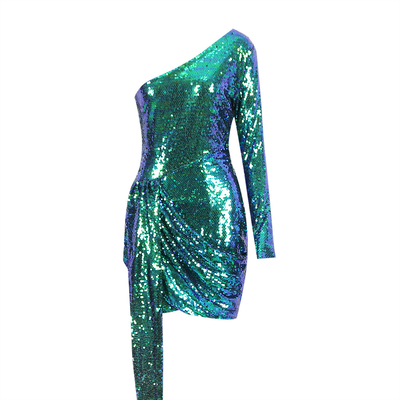 LS2213 Women's Summer Mimi Short One-Shoulder Sequin Party Elegant Dress with Full Sleeves and Customizable Patterns