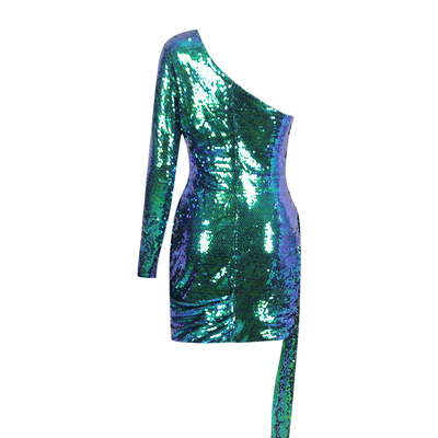 LS2213 Women's Summer Mimi Short One-Shoulder Sequin Party Elegant Dress with Full Sleeves and Customizable Patterns