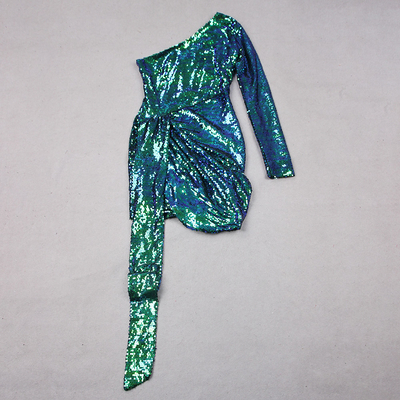 LS2213 Women's Summer Mimi Short One-Shoulder Sequin Party Elegant Dress with Full Sleeves and Customizable Patterns