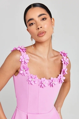 Summer and Autumn Essential Guangdong Pink Women's Sexy Sleeveless Hollow Out Party Long Bandage Dress with Flower Decoration