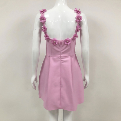 Summer and Autumn Essential Guangdong Pink Women's Sexy Sleeveless Hollow Out Party Long Bandage Dress with Flower Decoration