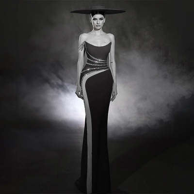 SB2965 Luxurious Diamond Dress Crystal Long Band Elegant Evening Gown in Pure Color with Sleeveless