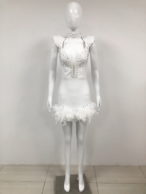 SB2934 Women's Sexy White Hollow Out Fringe Bandage Bodycon Maxi Skirt in Polyester with Shiny Feather Bandage Detail
