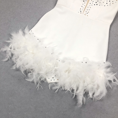 SB2934 Women's Sexy White Hollow Out Fringe Bandage Bodycon Maxi Skirt in Polyester with Shiny Feather Bandage Detail