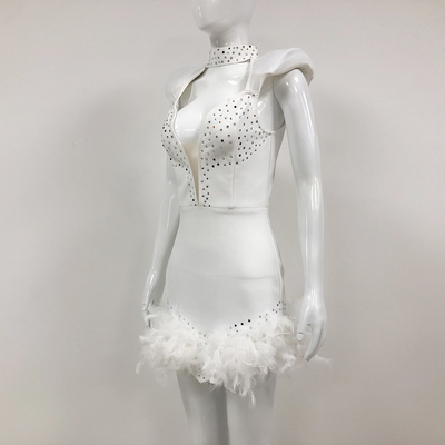 SB2934 Women's Sexy White Hollow Out Fringe Bandage Bodycon Maxi Skirt in Polyester with Shiny Feather Bandage Detail