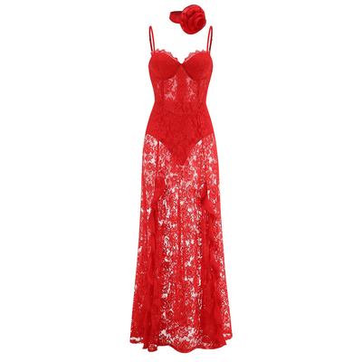 SB3213 Gold Hyunin Women's Long Sleeveless Lace Dress with 3D Flower Decoration Originated in Guangdong