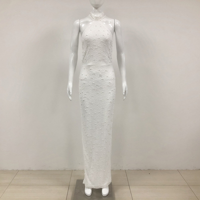 Natural Waistline Elegant White Pearl Backless High Slit Dress with Strapless Neckline SB3226 Maxi Dress in Elegant Design