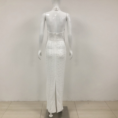 Natural Waistline Elegant White Pearl Backless High Slit Dress with Strapless Neckline SB3226 Maxi Dress in Elegant Design