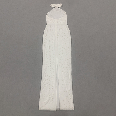 Natural Waistline Elegant White Pearl Backless High Slit Dress with Strapless Neckline SB3226 Maxi Dress in Elegant Design