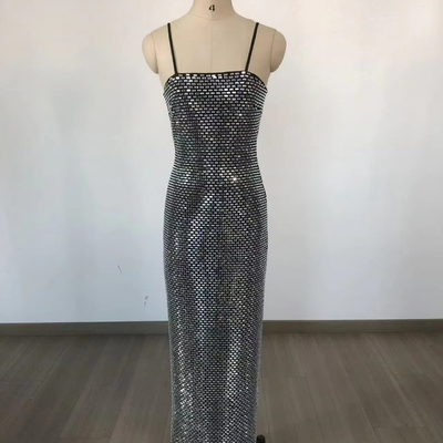 SB3220 Luxury Beaded Silver Handmade Water Diamond Black Mesh Sleeveless V-Neck Bodycon Party Dress 7-Day Fast Sampling