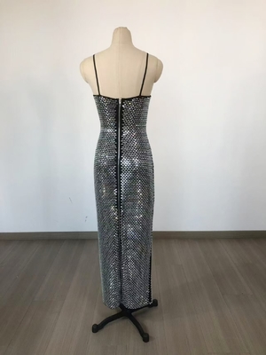 SB3220 Luxury Beaded Silver Handmade Water Diamond Black Mesh Sleeveless V-Neck Bodycon Party Dress 7-Day Fast Sampling