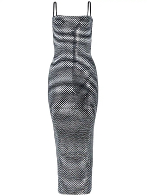 SB3220 Luxury Beaded Silver Handmade Water Diamond Black Mesh Sleeveless V-Neck Bodycon Party Dress 7-Day Fast Sampling