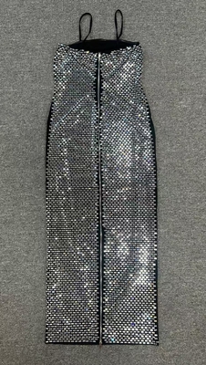 SB3220 Luxury Beaded Silver Handmade Water Diamond Black Mesh Sleeveless V-Neck Bodycon Party Dress 7-Day Fast Sampling