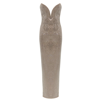 Natural Waistline Brown Maxi Evening Dress with Shimmer Strapless Design 100 Elegant and Luxurious Wedding Attire