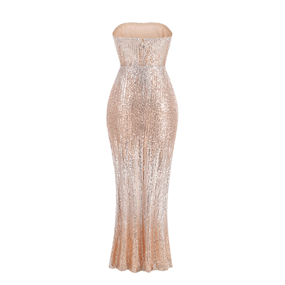 s SB3214 Shimmering Sequin Dress Elegant Bodycon Dress with Strapless Neckline and Sheer Mesh in Nude