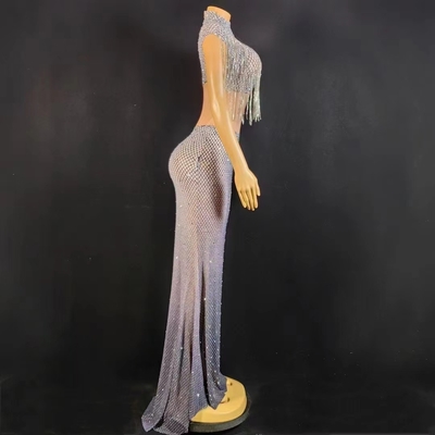 AD1752 Handmade Luxury Crystal Fringe Dress Hollow Out See-through Sexy Tight Sequin Maxi Dress with Crystal Decorations