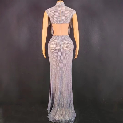 AD1752 Handmade Luxury Crystal Fringe Dress Hollow Out See-through Sexy Tight Sequin Maxi Dress with Crystal Decorations