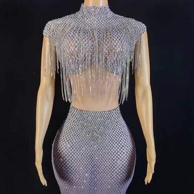 AD1752 Handmade Luxury Crystal Fringe Dress Hollow Out See-through Sexy Tight Sequin Maxi Dress with Crystal Decorations