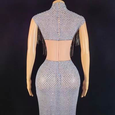 AD1752 Handmade Luxury Crystal Fringe Dress Hollow Out See-through Sexy Tight Sequin Maxi Dress with Crystal Decorations