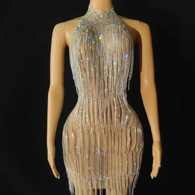 1 Pc Minimum Order AD1751 Kimshein Luxury Backless Sexy Mini Dress with Handmade Pearl Rhinestone and Tassel Details
