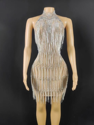 1 Pc Minimum Order AD1751 Kimshein Luxury Backless Sexy Mini Dress with Handmade Pearl Rhinestone and Tassel Details