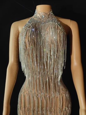 1 Pc Minimum Order AD1751 Kimshein Luxury Backless Sexy Mini Dress with Handmade Pearl Rhinestone and Tassel Details