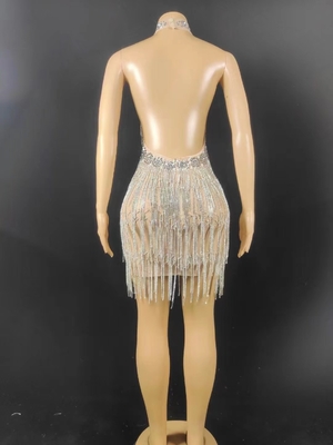 1 Pc Minimum Order AD1751 Kimshein Luxury Backless Sexy Mini Dress with Handmade Pearl Rhinestone and Tassel Details
