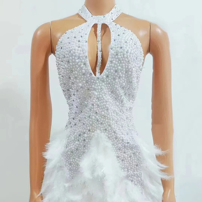 AD1959 Kimshein end Fashion Women's Backless Pearl Mini Dress with Crystal and Feather Round Neck 1pc/opp Bag Filling