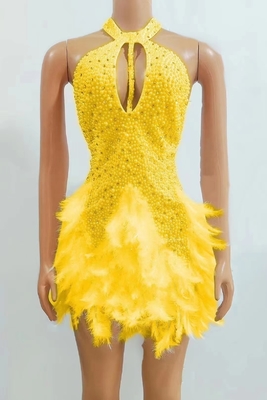 AD1959 Kimshein end Fashion Women's Backless Pearl Mini Dress with Crystal and Feather Round Neck 1pc/opp Bag Filling