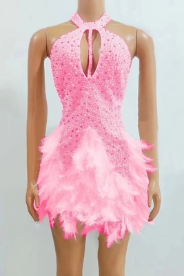 AD1959 Kimshein end Fashion Women's Backless Pearl Mini Dress with Crystal and Feather Round Neck 1pc/opp Bag Filling