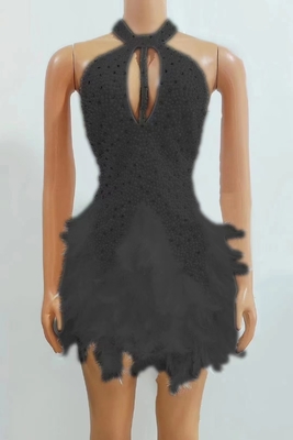 AD1959 Kimshein end Fashion Women's Backless Pearl Mini Dress with Crystal and Feather Round Neck 1pc/opp Bag Filling
