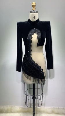 ED2348 Sexy Lady Elegant Long Sleeve High Neck Dance Party Tight Short Plush Evening Dress with Water Drill Tassel Dress