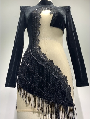 ED2348 Sexy Lady Elegant Long Sleeve High Neck Dance Party Tight Short Plush Evening Dress with Water Drill Tassel Dress