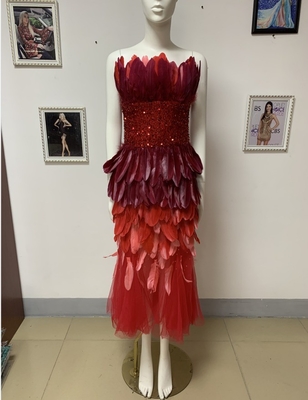 ED2342 Luxury Fashion Women's A-line Midi Dress with Feather and Pearl Elegant Pink Off-shoulder Formal Bridesmaid Dress