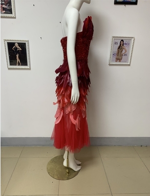 ED2342 Luxury Fashion Women's A-line Midi Dress with Feather and Pearl Elegant Pink Off-shoulder Formal Bridesmaid Dress