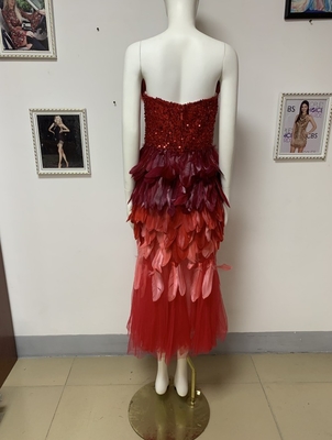 ED2342 Luxury Fashion Women's A-line Midi Dress with Feather and Pearl Elegant Pink Off-shoulder Formal Bridesmaid Dress