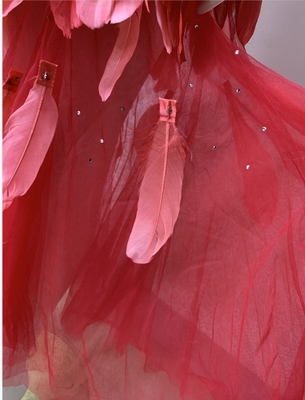 ED2342 Luxury Fashion Women's A-line Midi Dress with Feather and Pearl Elegant Pink Off-shoulder Formal Bridesmaid Dress