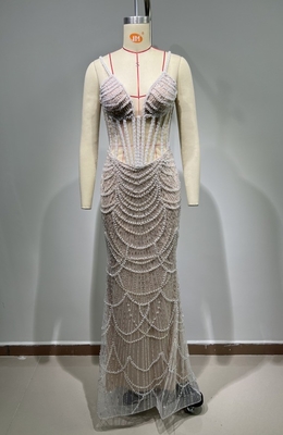 Luxurious Pearl Embellished Long Evening Dress ED2638 Women's Party Gown with Crown Waistline and Shimmering Lace Fabric