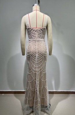 Luxurious Pearl Embellished Long Evening Dress ED2638 Women's Party Gown with Crown Waistline and Shimmering Lace Fabric