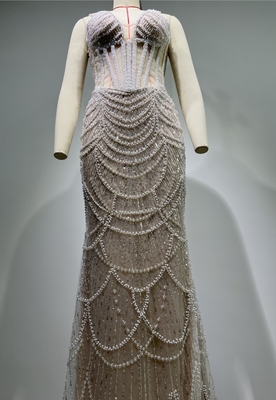 Luxurious Pearl Embellished Long Evening Dress ED2638 Women's Party Gown with Crown Waistline and Shimmering Lace Fabric