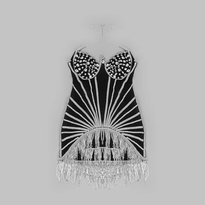 ED2332 Luxury Black Rhinestone Fringe Tight Bustier Shiny Sequin Fringe Transparent Dress Sexy for Women