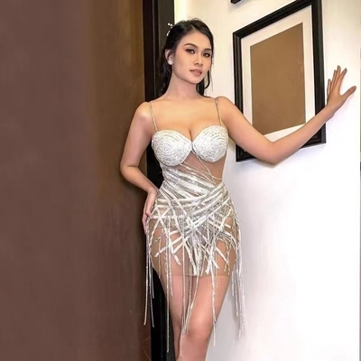 ED2331 Water Diamond Fringed Luxury Club Wear Sexy and Transparent Mini Dress for Adults Adult's Trendy Attire 600 Pieces