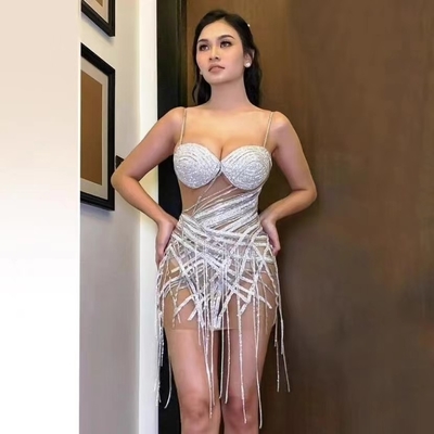 ED2331 Water Diamond Fringed Luxury Club Wear Sexy and Transparent Mini Dress for Adults Adult's Trendy Attire 600 Pieces