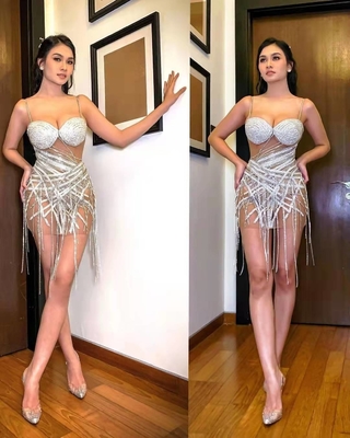 ED2331 Water Diamond Fringed Luxury Club Wear Sexy and Transparent Mini Dress for Adults Adult's Trendy Attire 600 Pieces