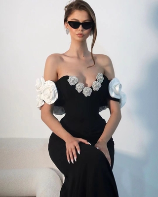 Kimshein Bodycon Black Maxi Floral Dress 420g Fabric Weight Luxury Bandage Dress for Elegant and Sexy Women