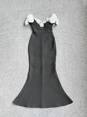 Kimshein Bodycon Black Maxi Floral Dress 420g Fabric Weight Luxury Bandage Dress for Elegant and Sexy Women